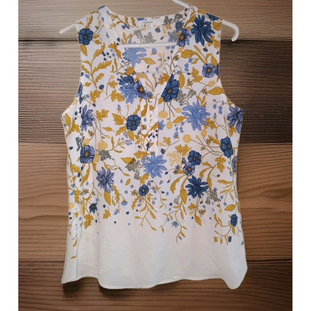 Maurices Womens Sleeveless Floral V-Neck Blouse Top Sz M Blue Yellow Cottagecore